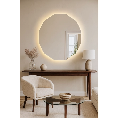 Lustro GOLDEN LUX – eleganckie lustro LED do łazienki w nowoczesnym stylu z podświetleniem i złotą poświatą | Geometryczny kształt, montaż na ścianę